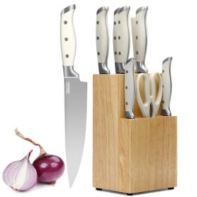 Qulajoy White Knife Set With Block - 9 Piece Razor Sharp Forged High Carbon Stainless Steel Kitchen Knives - Triple Rivet Cooking Knife Set With Kitch