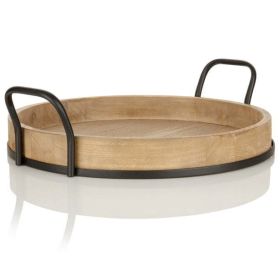 Better Homes & Gardens Round Wood Serving Tray with Black Handles, 18.5" x 17"