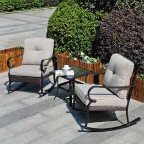 Patio Garden Wicker Rocking Chair*2 and H18.91" Table Set, Tempered Glass Top