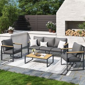 Outdoor 4 Pieces Furniture Sets Modern Iron Patio Conversation Sets Sofa w Grey Cushion Faux Wood Grain Frame Coffee Table for Garden Courtyard Poolsi