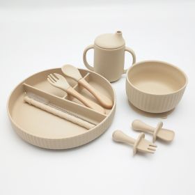 Striped Suction Dining Plate Bowl Spoon Fork Water Cup Set (Option: Milk Tea)