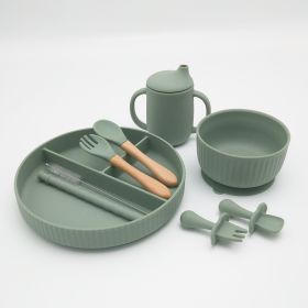Striped Suction Dining Plate Bowl Spoon Fork Water Cup Set (Option: Avocado)