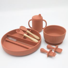 Striped Suction Dining Plate Bowl Spoon Fork Water Cup Set (Option: Caramel)