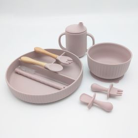 Striped Suction Dining Plate Bowl Spoon Fork Water Cup Set (Option: Skin Pink)